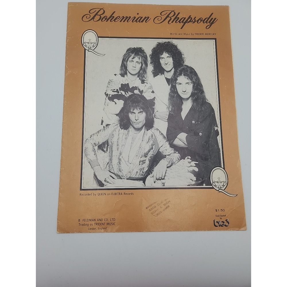 Vintage Queen Bohemian Rhapsody Sheet Music Freddie Mercury Elektra Records